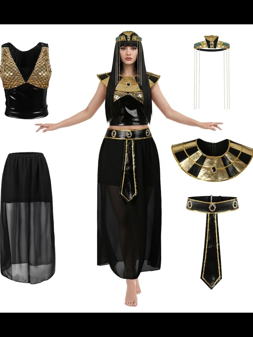 Egyptian Queen Costume, Black and Gold Goddess Dress, Women's Cleopatra Outfit